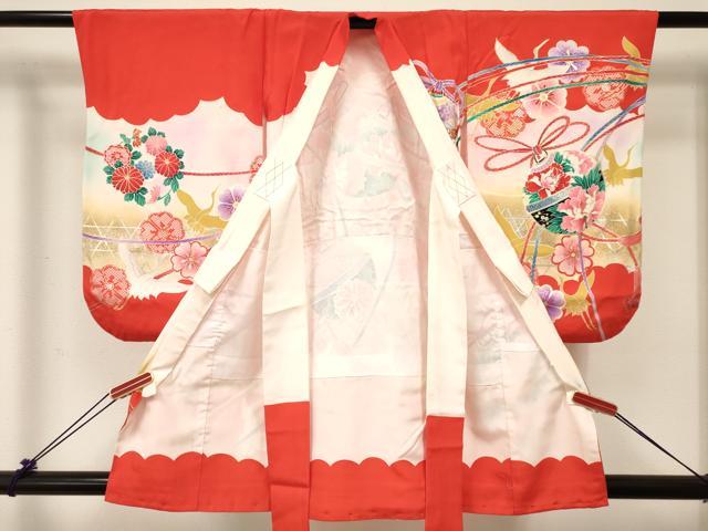 平和屋着物[]女の子　子供　３歳　祝着　三つ身　飛鶴鈴花文　暈し染め　金銀彩　逸品　DABC5426ma