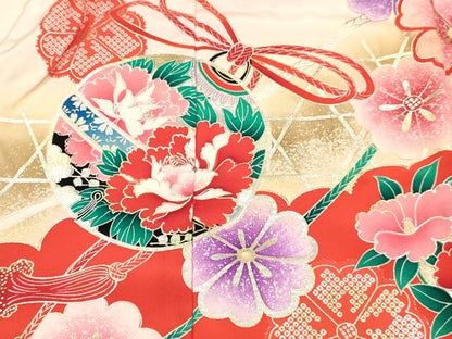 平和屋着物[]女の子　子供　３歳　祝着　三つ身　飛鶴鈴花文　暈し染め　金銀彩　逸品　DABC5426ma