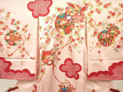 平和屋着物[]女の子　子供　３歳　祝着　三つ身　駒刺繍　糸車　鞠飛鶴鈴花文　金彩　逸品　DABC5427ma
