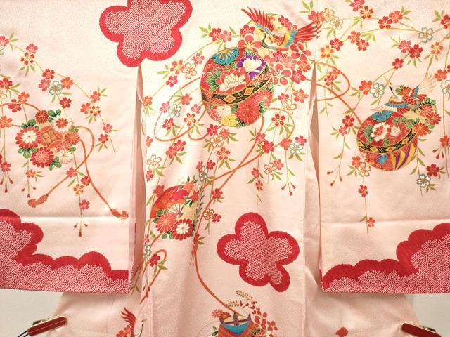 平和屋着物[]女の子　子供　３歳　祝着　三つ身　駒刺繍　糸車　鞠飛鶴鈴花文　金彩　逸品　DABC5427ma