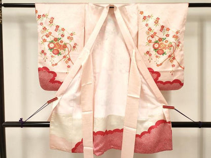 平和屋着物[]女の子　子供　３歳　祝着　三つ身　駒刺繍　糸車　鞠飛鶴鈴花文　金彩　逸品　DABC5427ma