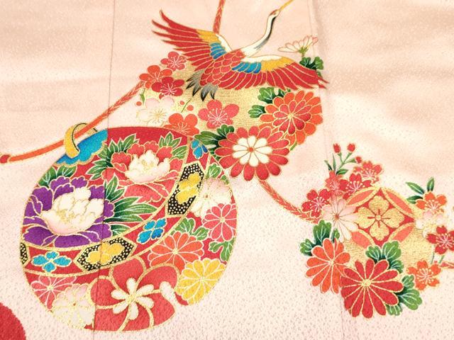 平和屋着物[]女の子　子供　３歳　祝着　三つ身　駒刺繍　糸車　鞠飛鶴鈴花文　金彩　逸品　DABC5427ma