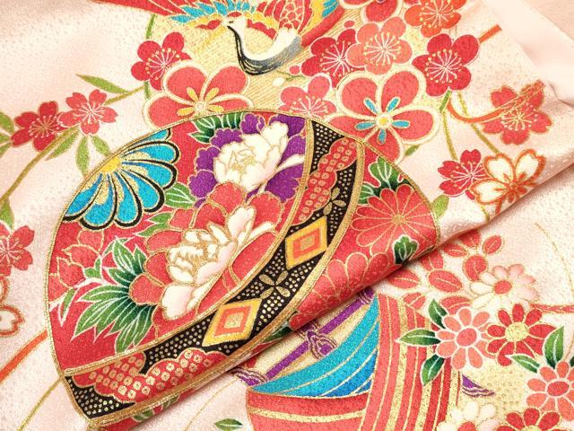 平和屋着物[]女の子　子供　３歳　祝着　三つ身　駒刺繍　糸車　鞠飛鶴鈴花文　金彩　逸品　DABC5427ma