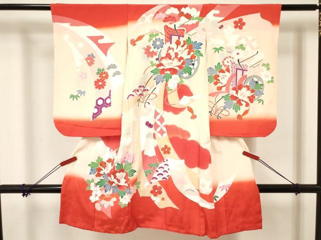 平和屋着物[]女の子　子供　３歳　祝着　三つ身　御所車花文　暈し染め　金彩　ラインストーン　逸品　DABC5429ma