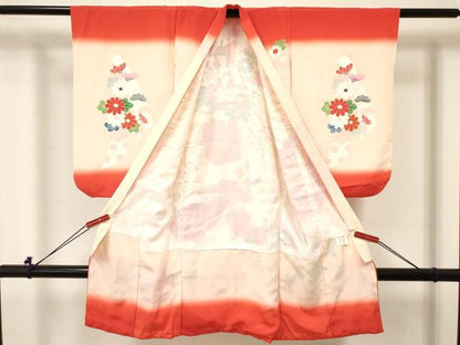 平和屋着物[]女の子　子供　３歳　祝着　三つ身　御所車花文　暈し染め　金彩　ラインストーン　逸品　DABC5429ma