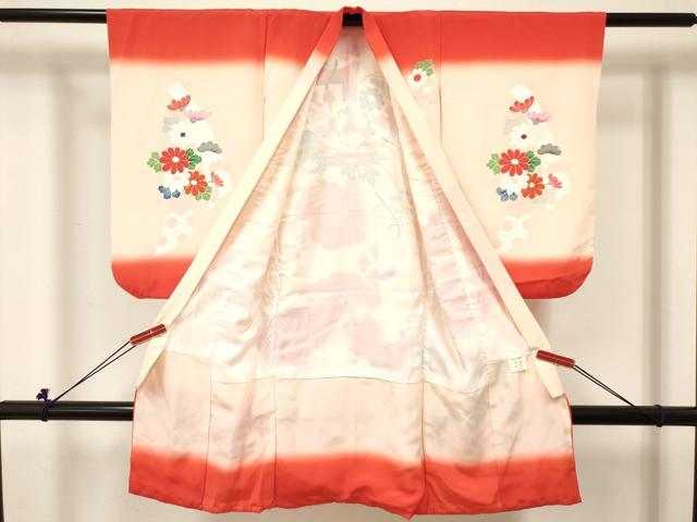 平和屋着物[]女の子　子供　３歳　祝着　三つ身　御所車花文　暈し染め　金彩　ラインストーン　逸品　DABC5429ma