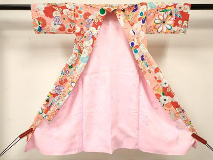 平和屋着物[]女の子　子供　３歳　祝着　三つ身　折り鶴　乱菊　鞠花文　金銀彩　逸品　DABC5430ma