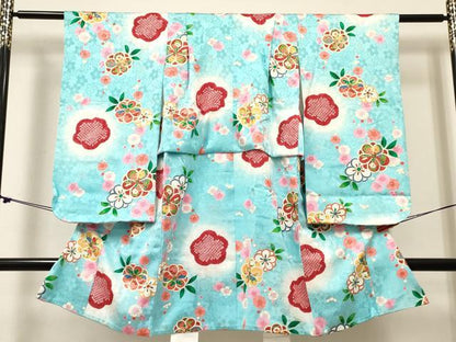 平和屋着物[]女の子　子供　３歳　祝着　三つ身　絞り　枝花文　暈し染め　金彩　逸品　DABC5431ma