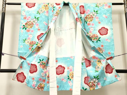 平和屋着物[]女の子　子供　３歳　祝着　三つ身　絞り　枝花文　暈し染め　金彩　逸品　DABC5431ma