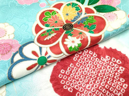 平和屋着物[]女の子　子供　３歳　祝着　三つ身　絞り　枝花文　暈し染め　金彩　逸品　DABC5431ma