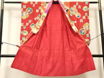 平和屋着物[]アンティーク　大正ロマン　七五三　女の子　７歳　祝着　四つ身　源氏香　飛鶴源氏車花文　逸品　DABC5435ma