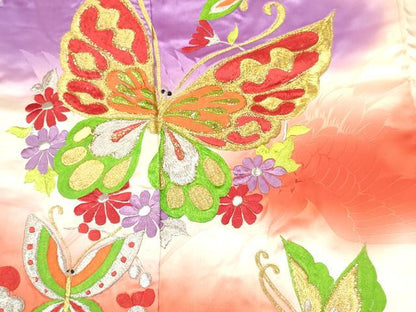 平和屋着物[]七五三　女の子　７歳　祝着　四つ身　総刺繍　花蝶文　暈し染め　金銀糸　逸品　DABC5438ma