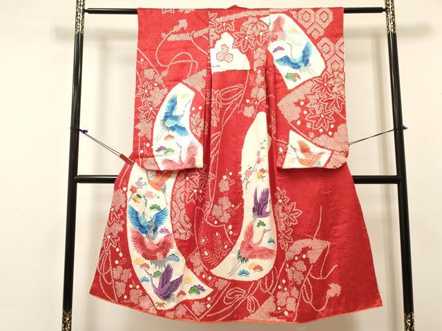 平和屋着物[]七五三　女の子　７歳　祝着　四つ身　絞り　飛鶴　松竹梅　金彩　逸品　DABC5439ma