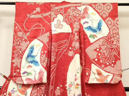 平和屋着物[]七五三　女の子　７歳　祝着　四つ身　絞り　飛鶴　松竹梅　金彩　逸品　DABC5439ma