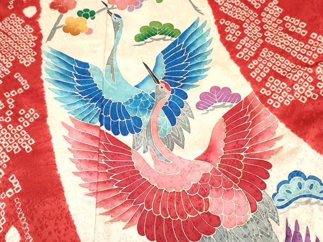 平和屋着物[]七五三　女の子　７歳　祝着　四つ身　絞り　飛鶴　松竹梅　金彩　逸品　DABC5439ma
