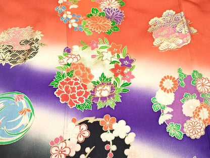 平和屋着物[]七五三　女の子　７歳　祝着　四つ身　駒刺繍　吉祥花丸文　暈し染め　金銀彩　逸品　DABC5441ma
