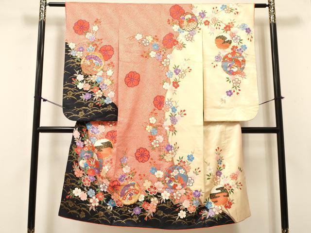 平和屋着物[]七五三 女の子 ７歳 祝着 四つ身 雪輪重ね 鴛鴦花文 金彩 逸品 DABC5443ma
