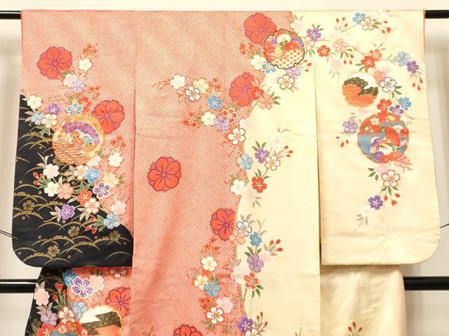 平和屋着物[]七五三　女の子　７歳　祝着　四つ身　雪輪重ね　鴛鴦花文　金彩　逸品　DABC5443ma