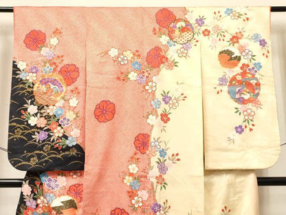 平和屋着物[]七五三 女の子 ７歳 祝着 四つ身 雪輪重ね 鴛鴦花文 金彩 逸品 DABC5443ma