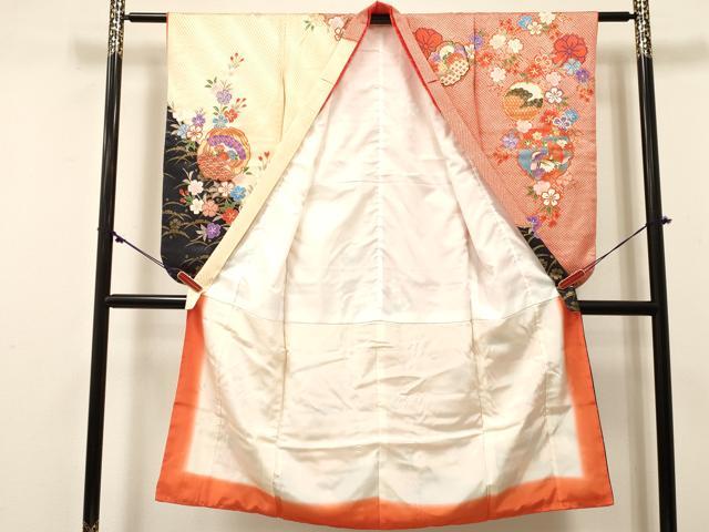 平和屋着物[]七五三　女の子　７歳　祝着　四つ身　雪輪重ね　鴛鴦花文　金彩　逸品　DABC5443ma