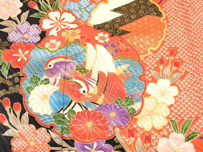 平和屋着物[]七五三　女の子　７歳　祝着　四つ身　雪輪重ね　鴛鴦花文　金彩　逸品　DABC5443ma