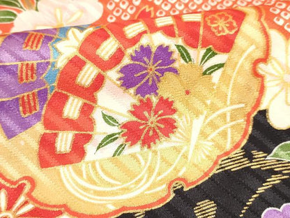 平和屋着物[]七五三　女の子　７歳　祝着　四つ身　雪輪重ね　鴛鴦花文　金彩　逸品　DABC5443ma