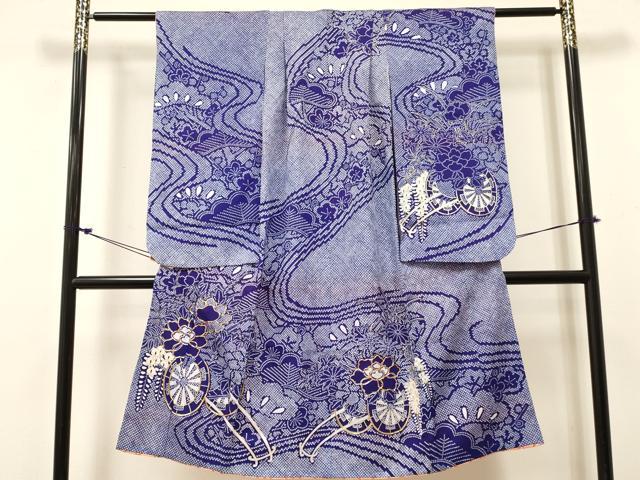 平和屋着物[]七五三 女の子 ７歳 祝着 四つ身 駒刺繍 花車文 金彩 DABC5450ma