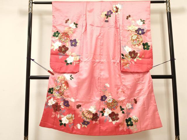 平和屋着物[]七五三　女の子　７歳　祝着　四つ身　鞠花文　暈し染め　金銀彩　逸品　DABC5453ma