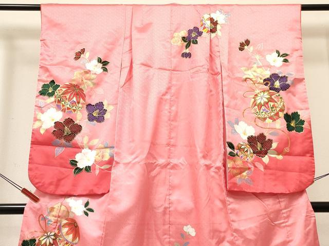 平和屋着物[]七五三　女の子　７歳　祝着　四つ身　鞠花文　暈し染め　金銀彩　逸品　DABC5453ma