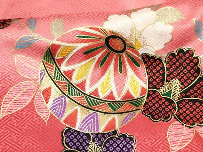 平和屋着物[]七五三　女の子　７歳　祝着　四つ身　鞠花文　暈し染め　金銀彩　逸品　DABC5453ma