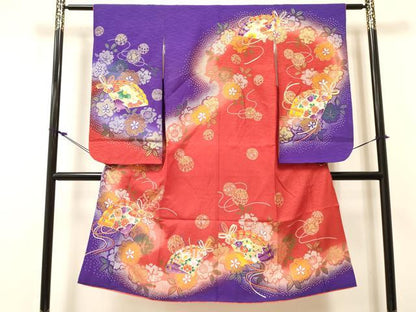 平和屋着物[]七五三　女の子　７歳　祝着　四つ身　檜扇鞠花文　暈し染め　金彩　DABC5454ma