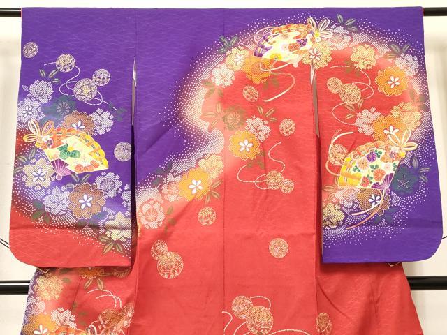 平和屋着物[]七五三　女の子　７歳　祝着　四つ身　檜扇鞠花文　暈し染め　金彩　DABC5454ma
