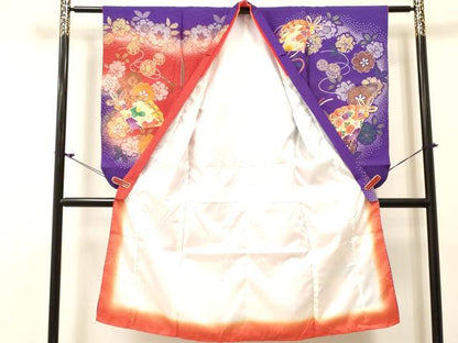 平和屋着物[]七五三 女の子 ７歳 祝着 四つ身 檜扇鞠花文 暈し染め 金彩 DABC5454ma