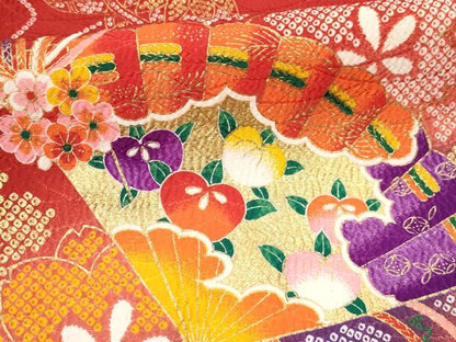 平和屋着物[]七五三 女の子 ７歳 祝着 四つ身 檜扇鞠花文 暈し染め 金彩 DABC5454ma