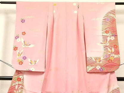 平和屋着物[]七五三　女の子　７歳　祝着　四つ身　立波飛鶴花文　暈し染め　金彩　逸品　DABC5458ma