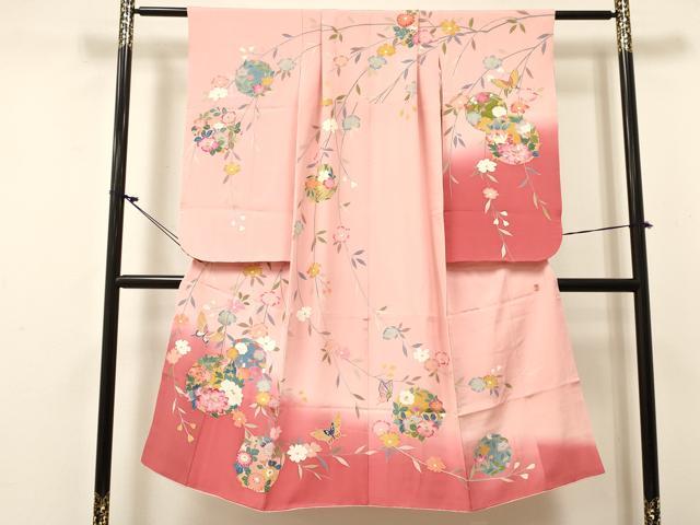 平和屋着物[]七五三　女の子　７歳　祝着　四つ身　友禅　作家物　花蝶丸文　暈し染め　逸品　DABC5461ma