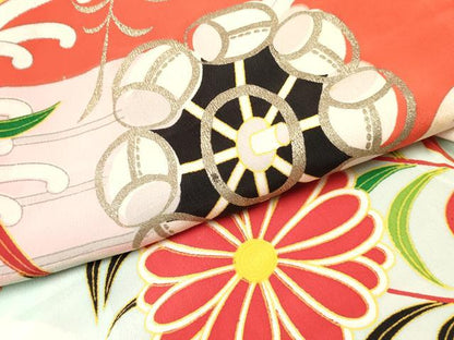 平和屋着物[]アンティーク　大正ロマン　七五三　女の子　７歳　祝着　四つ身　立波花文　金銀彩　逸品　DABC5462ma