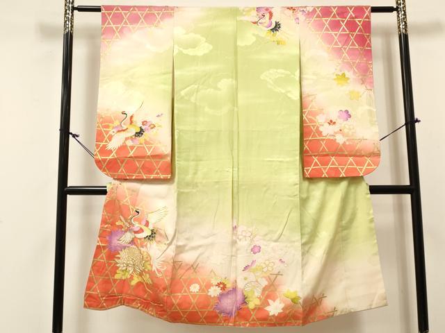 平和屋着物[]七五三 女の子 ７歳 祝着 四つ身 駒刺繍 乱菊 飛鶴籠目花文 暈し染め 金彩 逸品 DABC5464ma