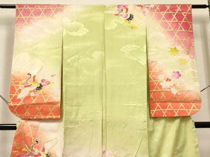 平和屋着物[]七五三　女の子　７歳　祝着　四つ身　駒刺繍　乱菊　飛鶴籠目花文　暈し染め　金彩　逸品　DABC5464ma