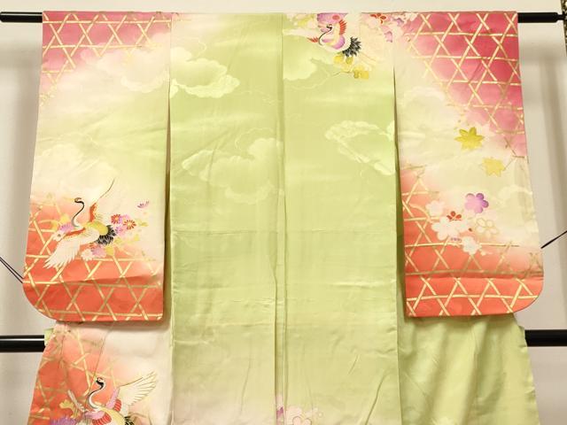 平和屋着物[]七五三　女の子　７歳　祝着　四つ身　駒刺繍　乱菊　飛鶴籠目花文　暈し染め　金彩　逸品　DABC5464ma