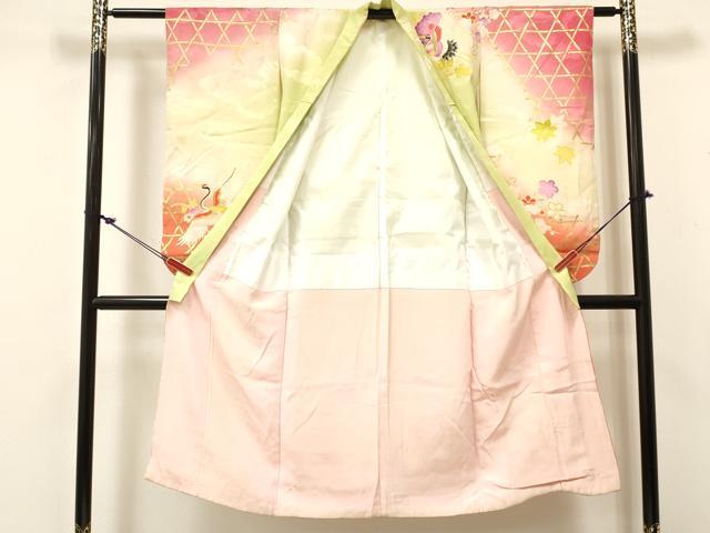 平和屋着物[]七五三 女の子 ７歳 祝着 四つ身 駒刺繍 乱菊 飛鶴籠目花文 暈し染め 金彩 逸品 DABC5464ma