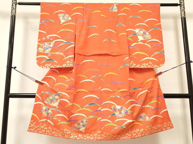 平和屋着物[]七五三　女の子　７歳　祝着　四つ身　駒刺繍　扇面雪芝花蝶文　金彩　逸品　DABC5465ma