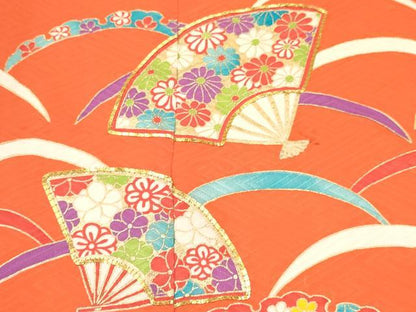 平和屋着物[]七五三 女の子 ７歳 祝着 四つ身 駒刺繍 扇面雪芝花蝶文 金彩 逸品 DABC5465ma