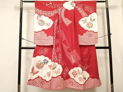 平和屋着物[]七五三 女の子 ７歳 祝着 四つ身 絞り 鞠花蝶文 金彩 逸品 DABC5472ma