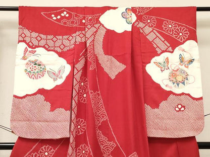 平和屋着物[]七五三　女の子　７歳　祝着　四つ身　絞り　鞠花蝶文　金彩　逸品　DABC5472ma