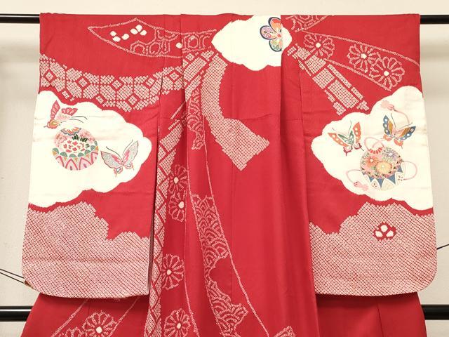 平和屋着物[]七五三　女の子　７歳　祝着　四つ身　絞り　鞠花蝶文　金彩　逸品　DABC5472ma