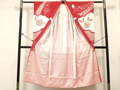 平和屋着物[]七五三　女の子　７歳　祝着　四つ身　絞り　鞠花蝶文　金彩　逸品　DABC5472ma