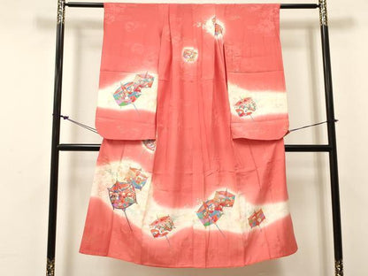 平和屋着物[]七五三　女の子　７歳　祝着　四つ身　糸車　飛鶴鴛鴦花文　暈し染め　金銀彩　逸品　DABC5474ma