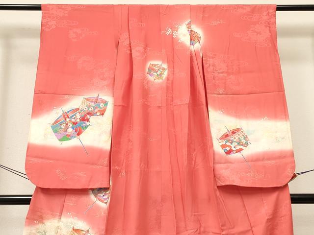 平和屋着物[]七五三　女の子　７歳　祝着　四つ身　糸車　飛鶴鴛鴦花文　暈し染め　金銀彩　逸品　DABC5474ma