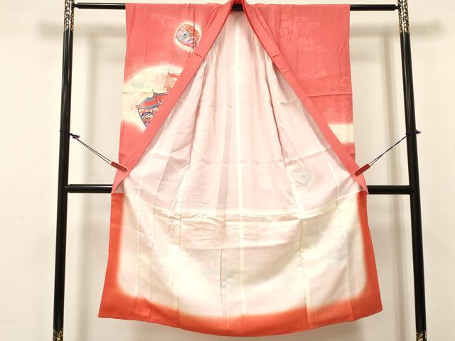 平和屋着物[]七五三　女の子　７歳　祝着　四つ身　糸車　飛鶴鴛鴦花文　暈し染め　金銀彩　逸品　DABC5474ma